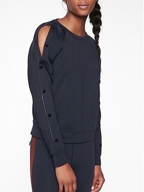 Athleta Navy Cold-Shoulder Sweatshirt with Snap Trim, Sz XS